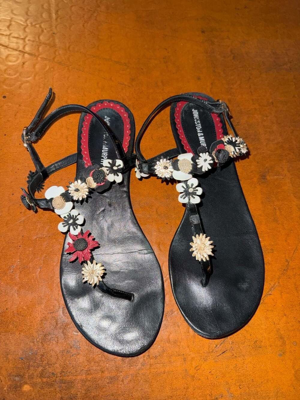 Johnston & Murphy Black Leather Floral Embellished T-Strap Sandals